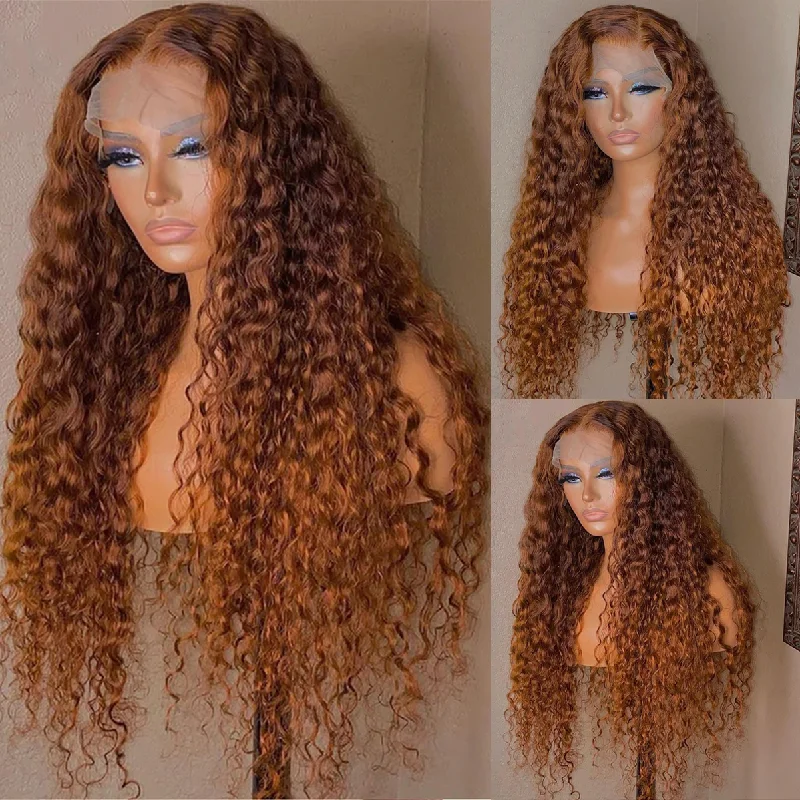 Colored wig with a pre - plucked hairline for a more natural lookAngieQueen Ginger Blonde Colored Water Wave HD Lace Front Human Hair Wigs