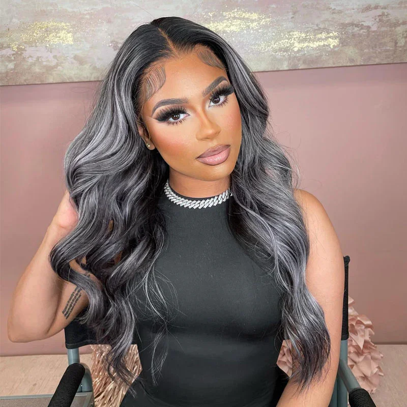 Colored wig with a straight texture for a sleek and minimalist lookAngieQueen Gray Highlight Wig Human Hair 13x4 Body Wave HD Lace Front Wig 180% Density