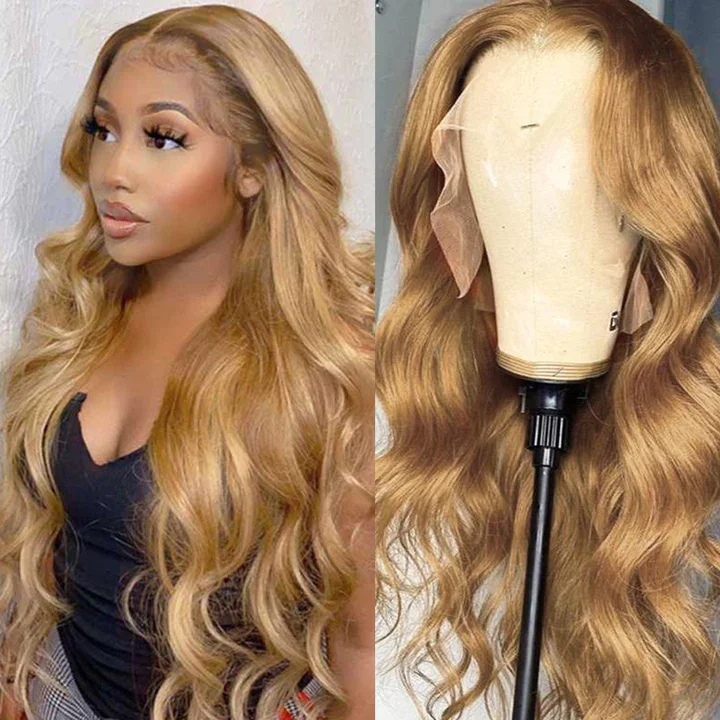 Colored wig with a side - part for a more flattering appearanceAngieQueen Honey Blonde Lace Front Wig #27 Color Ombre Human Hair Wigs