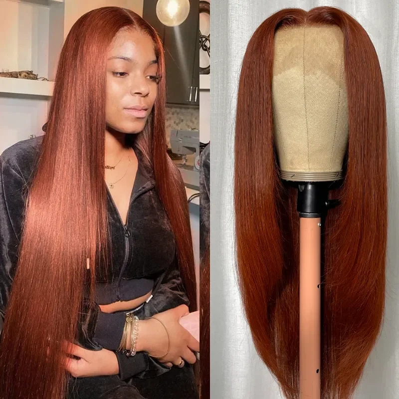 Colored wig with a natural - looking root for a more realistic lookAngieQueen Reddish Brown Human Hair Lace Front Wig Straight Hair Colored Wigs