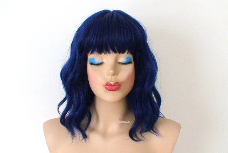 Colored wig with a silver - grey color for a trendy and cool - toned look16" Black Blue Short Wavy Hair with Bangs Wig