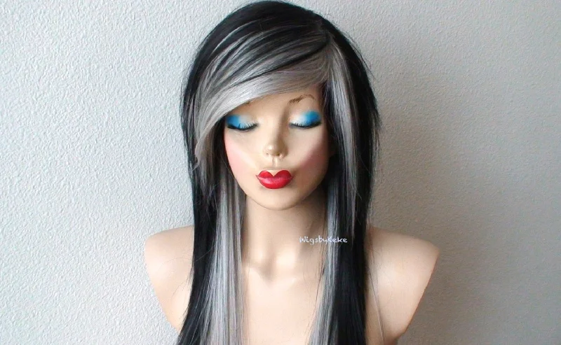 Colored wig with a red - orange hue for a warm and energetic look28" Black Grey Ombre Long Straight Hair Long Side Bangs Wig. Emo Wig. Scene Wig.