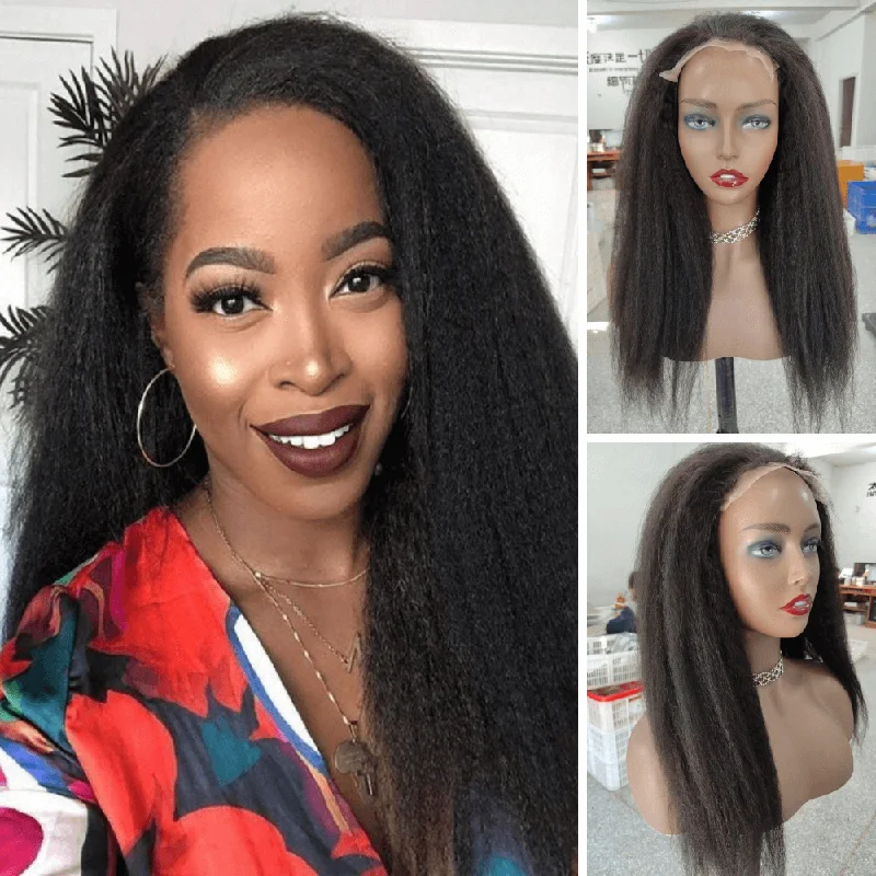 Colored wig with a wispy fringe for a soft and feminine lookBlack Kinky Straight Lace Closure Wig 4x4 Human Hair for African American