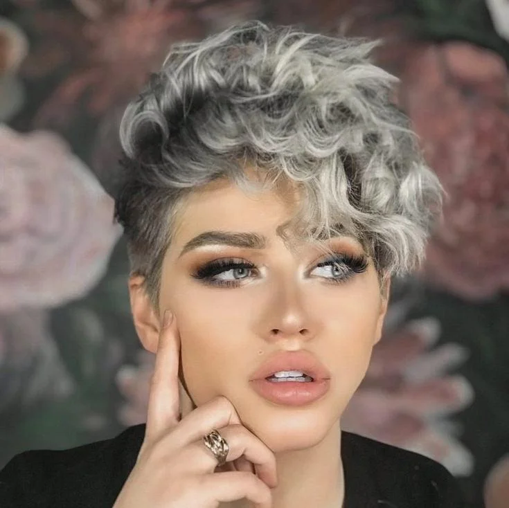 Colored wig with a pre - bleached knot for a natural - looking scalpBlack Ombre Gray Curly Pixie Cut Wig Human Hair Lace Frontal Wig