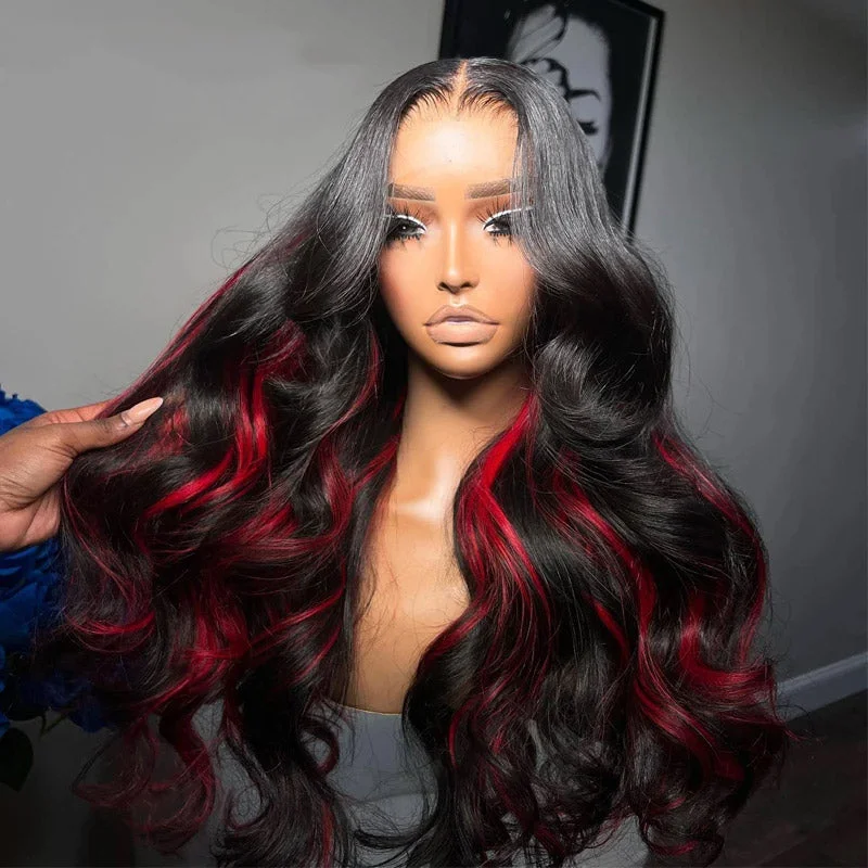 Colored wig with a red - orange hue for a warm and energetic look200% Density Black With Red Colored  Skunk Stripe 13x4 Body Wave Highlights Lace Frontal Wig with Pre-Plucked