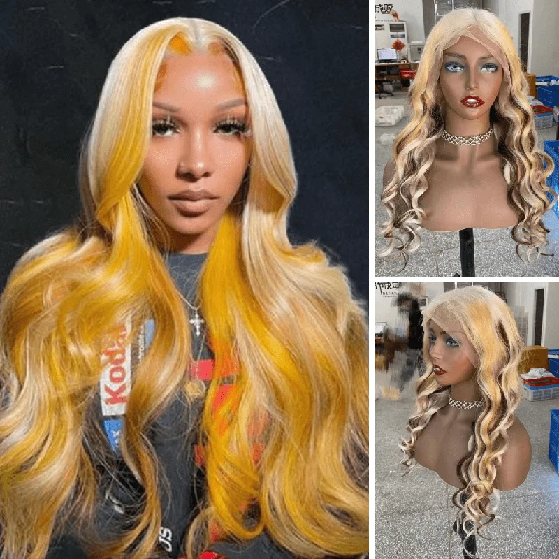 Colored wig with a middle - part for a classic and elegant styleBlonde Loose Wave Wig with Brown Highlight Human Hair Lace Frontal for African American