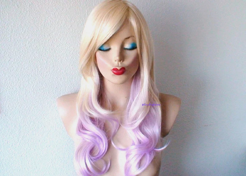 Human - hair colored wig for a natural and luxurious feel24" Blonde Pastel Lavender Ombre Long Curly Hair Side Bangs Wig