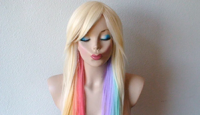 Colored wig with a 150 - density for a full and thick appearanceBlonde Pastel rainbow color combre wig. Pastel color Long straight colored hair wig. Lolita blonde color hair wig.