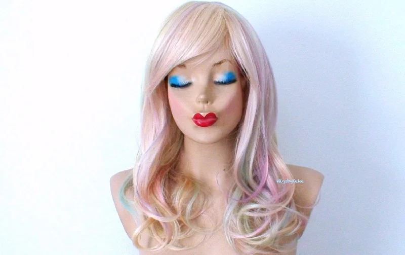 Colored wig with a blue - green ombre effect for a unique and trendy appearance20" Blonde Rainbow Wavy Hair Side Bangs Wig