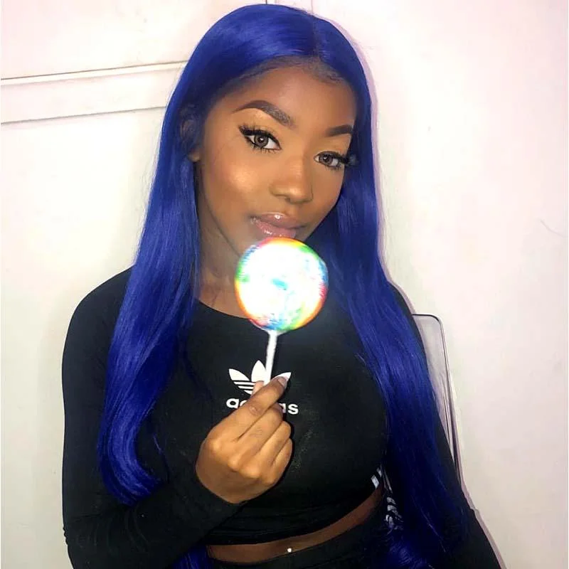 Colored wig with a side - part for a more flattering appearanceBlue Lace Frontal Wig Straight Human Hair 13x4 Lace Wig Surprisehair