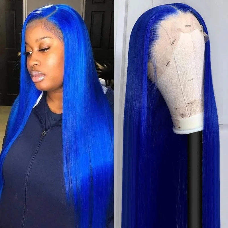 Colored wig with a 150 - density for a full and thick appearanceBlue Precolored Human Hair Wigs Straight Hair Wig 13x4 HD Lace Front Wig Glueless Wigs for Women