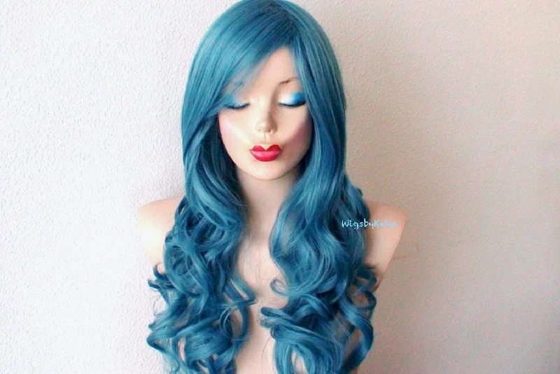 Colored wig with a middle - part for a classic and elegant style26" Teal Blue Long Curly Hair Long Side Bangs Wig