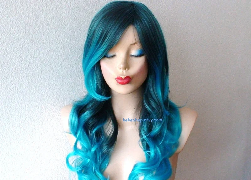 Colored wig with a wavy texture for a beachy and fun look26" Pastel Turquoise Ombre Long Curly Hair Long Side Bangs Wig