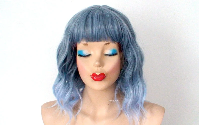 Synthetic colored wig with a heat - resistant formula for easy styling16" Pastel Blue Ombre Short Wavy Hair with Bangs Wig