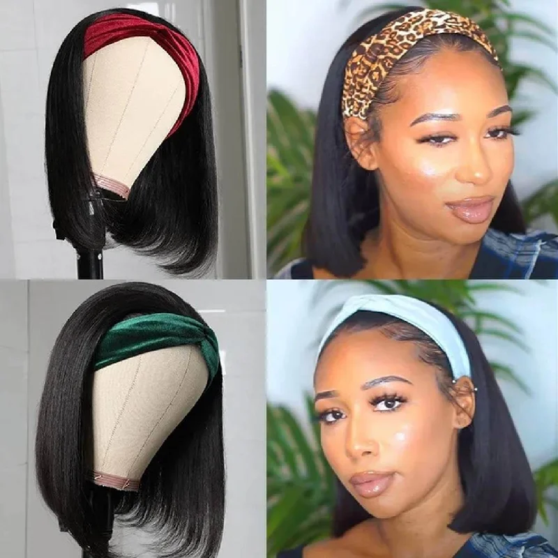 Bob wig with side - swept bangs for a sophisticated lookBob Headband Wigs Straight Blonde Highlight Wig Virgin Human Hair For Black Women 150% Density Glueless None Lace Front Wig