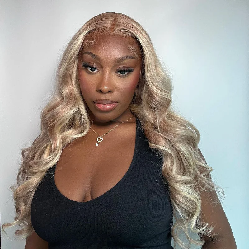 Colored wig with a purple - violet shade for a regal and elegant lookAsh Blonde Highlights Body Wave Lace Front Wig Transparent Lace Blonde Hair P10/613 Color