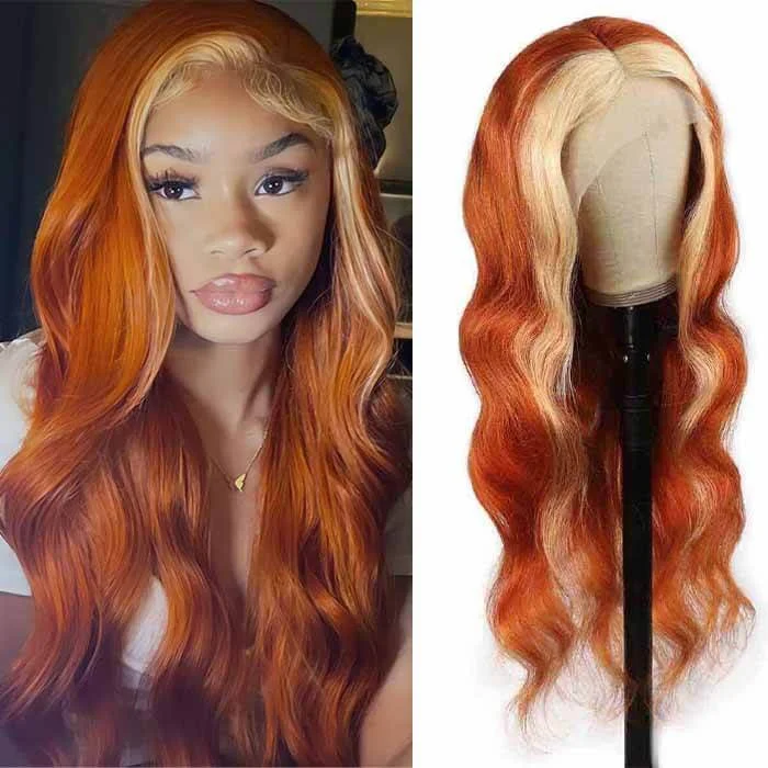 Colored wig with a wavy texture for a beachy and fun lookGinger Blonde Balayage Highlights Body Wave Wig Transparent Lace Closure Wig