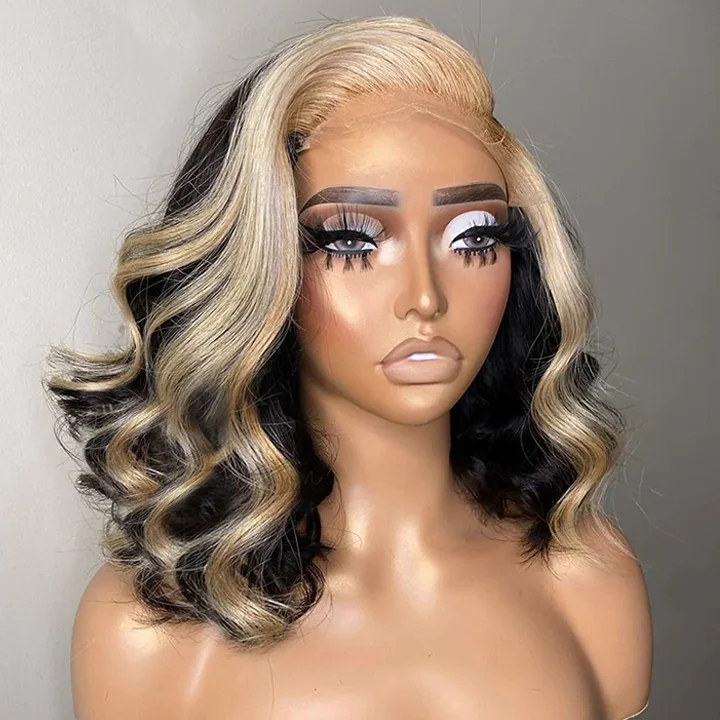 Layered bob wig to add volume and dimensionBody Wave Hair Short Bob Black Wig With Blonde Highlights Ombre Hair 13x4 Lace Front 4x4/5x5 Closure Human Hair Wig