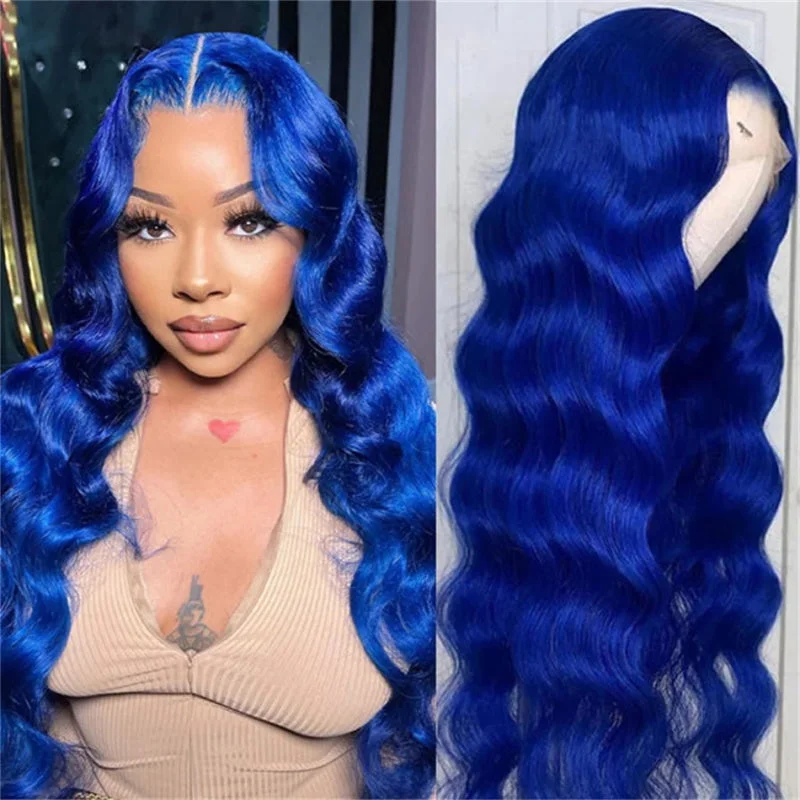 Colored wig with a pre - plucked hairline for a more natural lookBlue Colored Body Wave Glueless Wig 13x4 HD Lace Front Wigs Pre Plucked Lace Front Wig 180% Density