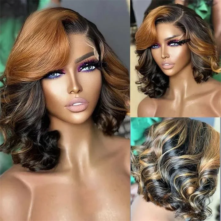 Bob wig for daily wear with a low - maintenance designBrown Highlight Bob Wig Short Human Hair Body Wave Lace Front Wigs for Women Colored Bob Wig