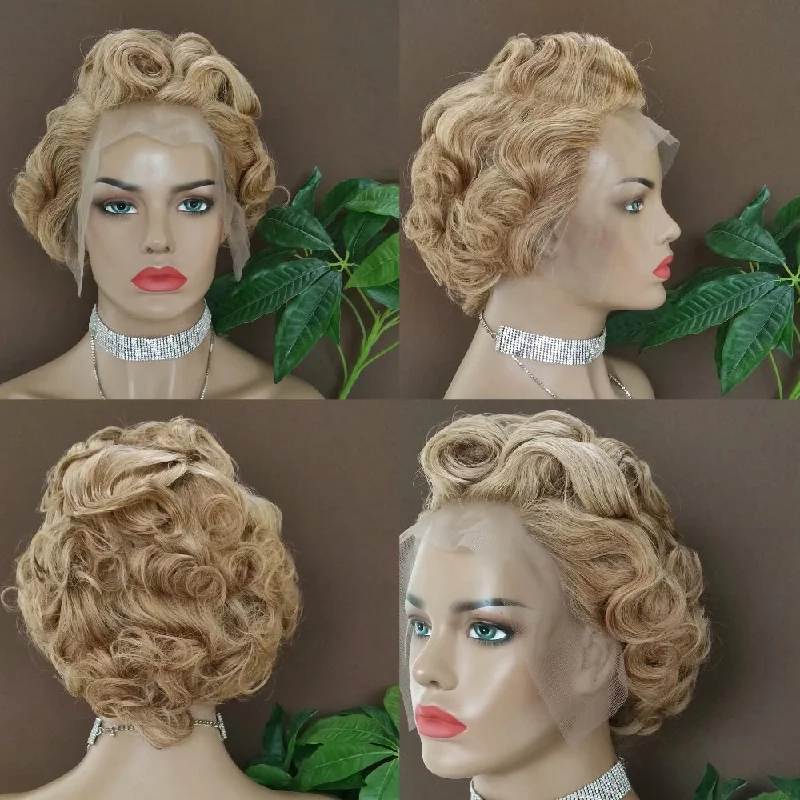 Synthetic colored wig with a heat - resistant formula for easy stylingBrown Pixie Cut Human Hair Wig Curly Lace frontal Wig for African American