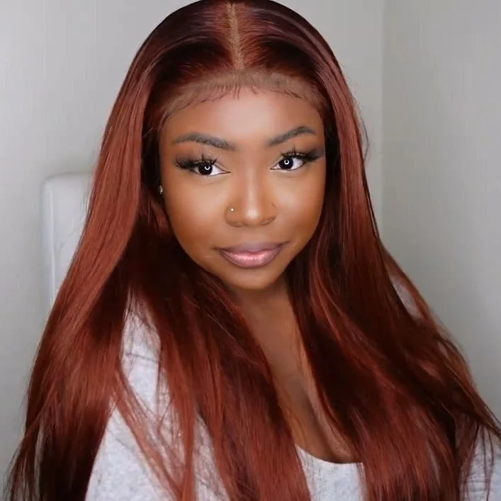 Colored wig with a natural - looking root for a more realistic lookWear & Go Reddish Brown Straight Wig Transparent Lace Front Wigs 100% Human Hair