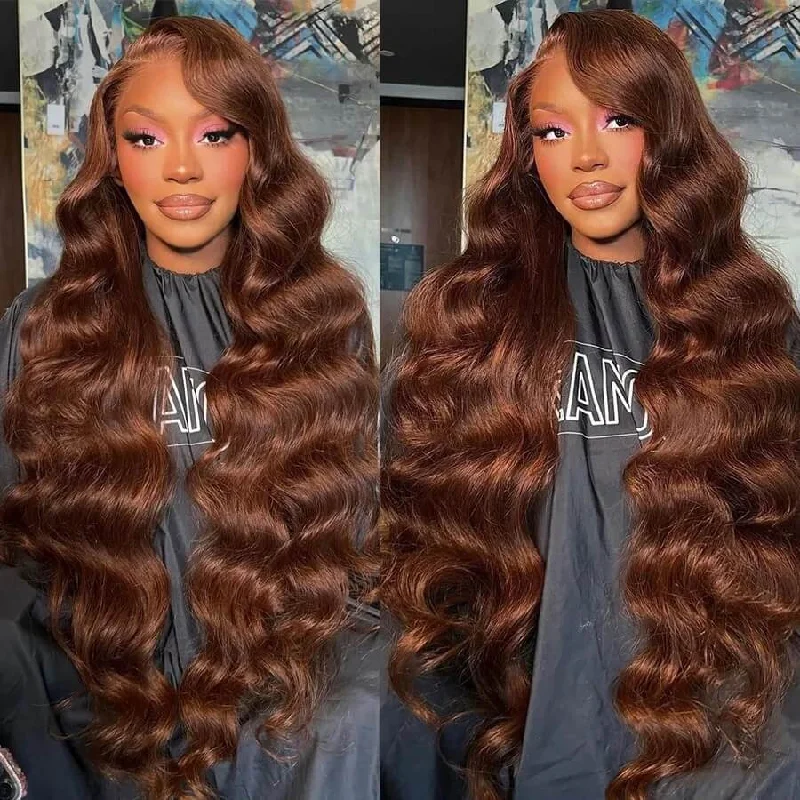 Colored wig with a pre - plucked hairline for a more natural look#4 Dark Brown Glueless Body Wave 13x4 Lace Front Wig Chocolate Brown Colored Human Hair Wigs