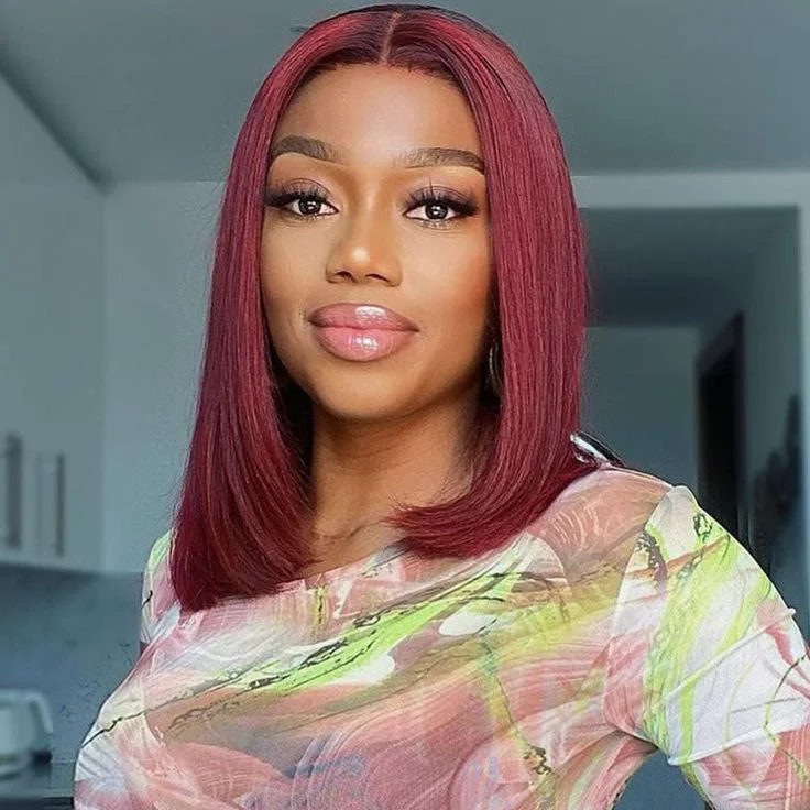 Bob wig with auburn highlights for a warm and vibrant appearanceGlueless Burgundy  Bob 13x4 Frontal Wig  14"