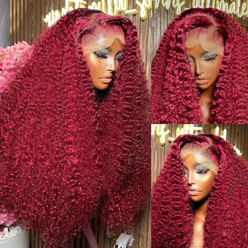 Colored wig with a side - swept bang for a sophisticated lookOneMore 250% HD Transparent Lace 99J Deep Wave 13x4 Lace Front Wig Burgundy Color Pre Plucked Glueless Wig