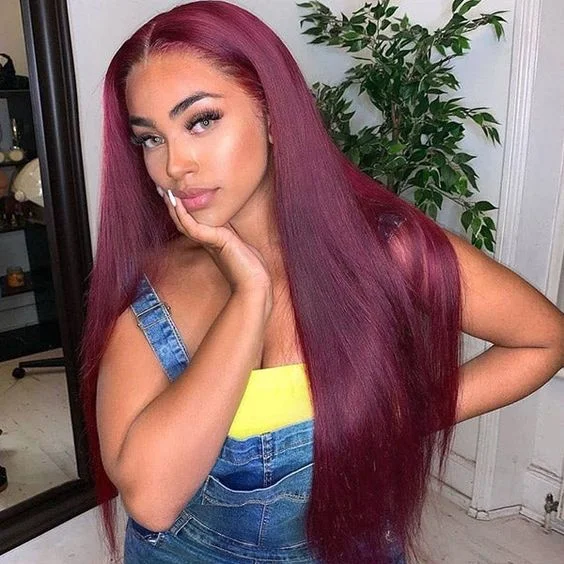 Colored wig in a vibrant pink color for a bold and eye - catching lookBurgundy Straight Human Hair Lace Front Wig Long Hair for African American