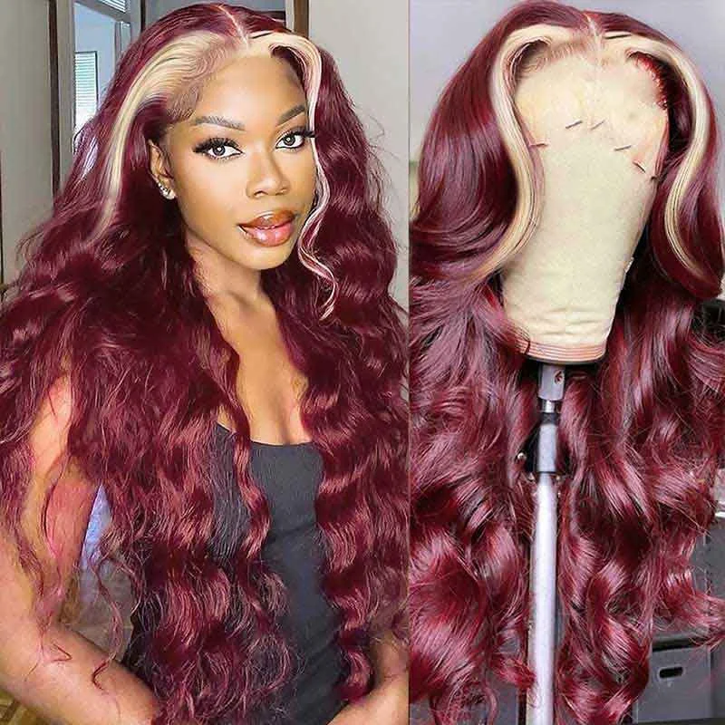 Colored wig with a 150 - density for a full and thick appearanceSkunk Stripe Hair Burgundy Color 13x4 Lace Front Wig 99J Hair Color Glueless Wigs for Beginners