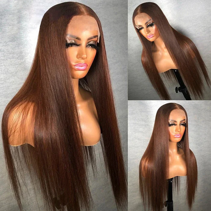 Colored wig with a pre - bleached knot for a natural - looking scalpChocolate Brown #4 Straight 13x4 HD Glueless Lace Human Hair Wig 180% Desnity