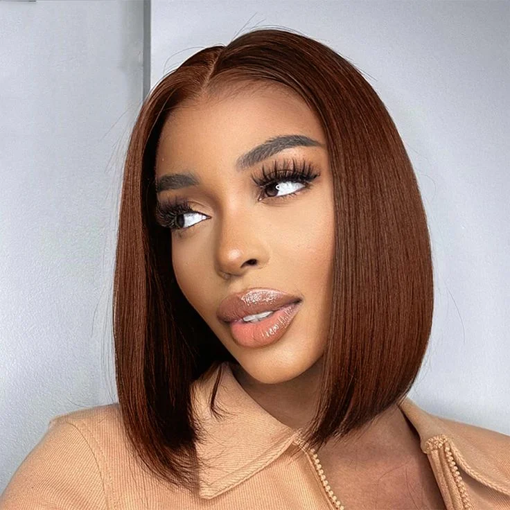 Petite bob wig suitable for women with small facesGlueless Chestnut Brown Blunt Cut  Bone straight 5x5 HD Lace   Bob Wig 100% Human Hair