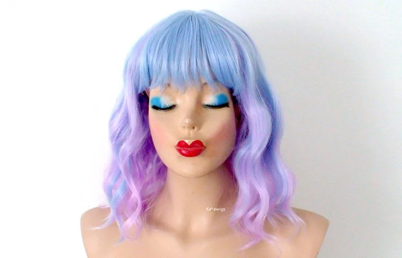 Adjustable - cap colored wig for a comfortable fitCopy of 16" Pastel Blue Lavender Ombre Short Wavy Hairstyle with Bangs Wig