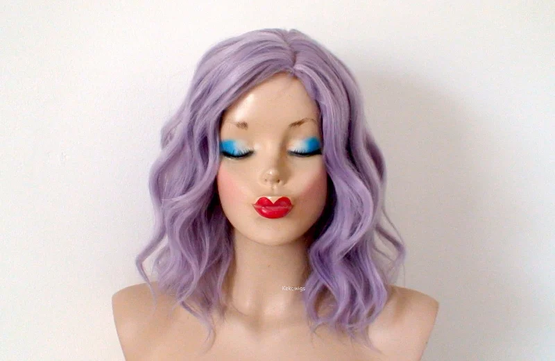 Colored wig with a side - swept bang for a sophisticated look16" Pastel Smoky Lavender Short Wavy Hair Wig