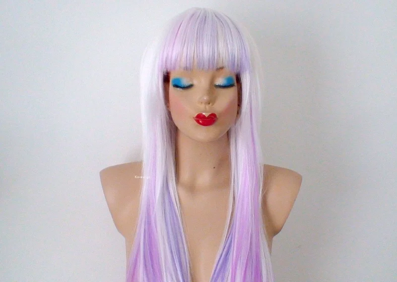 Colored wig with a pre - bleached knot for a natural - looking scalp24"" Straight White Lavender Lilac Purple Ombré Wig