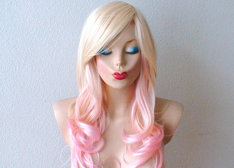 Colored wig in a vibrant pink color for a bold and eye - catching look24" Blonde Pink Ombre Curly Hair Side Bangs Wig