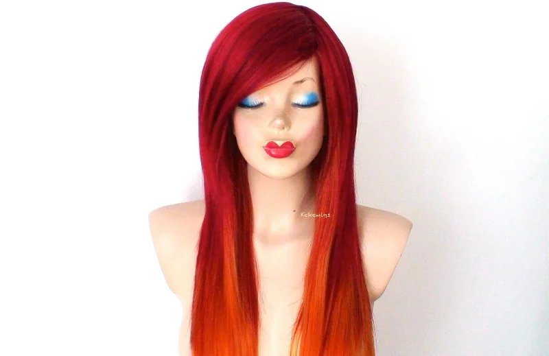 Colored wig with a middle - part for a classic and elegant style28" Wine Red/Ginger Orange Ombre colored Straight layered hair side bangs wig.