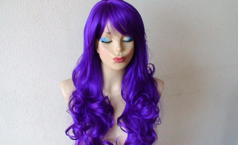 Colored wig with a wavy texture for a beachy and fun look24" Purple Long Curly Hair Side Bangs Wig