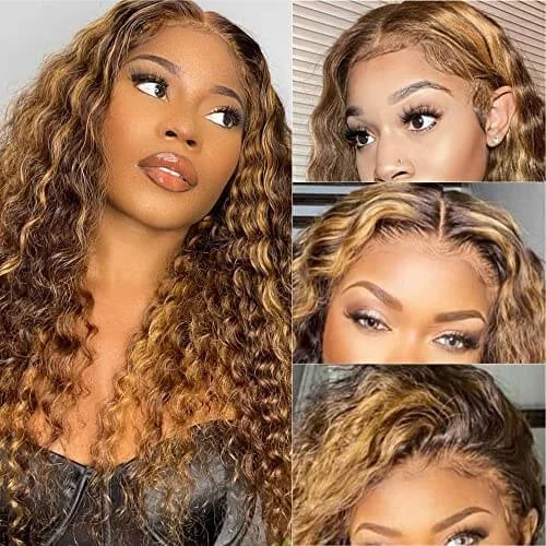 Colored wig with a pre - bleached knot for a natural - looking scalpCranberry 14-34 Inch Deep Wave Highlight Colored HD Frontal Human Hair Wigs