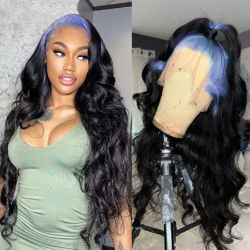 Colored wig with a side - swept bang for a sophisticated lookCranberry 13x6 Loose Deep Wave Wigs For Women Blue Roots Ombre Colored HD Transparent Lace Frontal Wigs Human Hair Preplucked