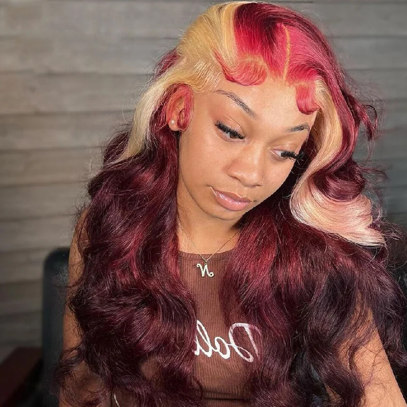 Colored wig with a side - part for a more flattering appearanceCranberry 13x6 Wine Red With Blonde Color Body Wave Wig HD Lace Frontal Human Hair Wig Lace Front Wig Pre Plucked 5x5 Closure Human Hair Wigs