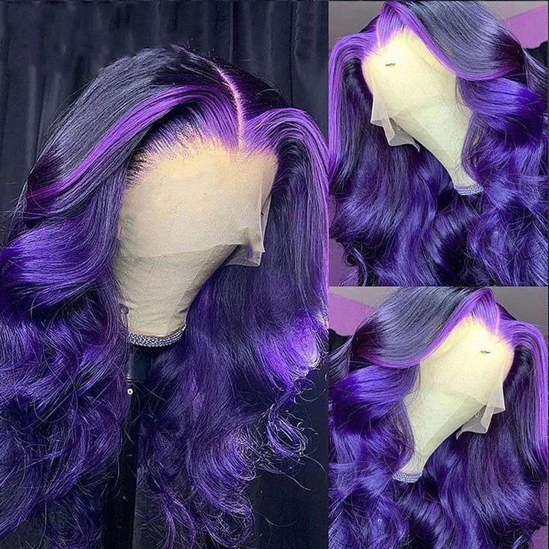 Colored wig with a curly texture for a bold and stylish choiceCranberry Brazilian Highlight Purple 13x4 Lace Front Wig Pre Plucked Body Wave Human Hair Wig