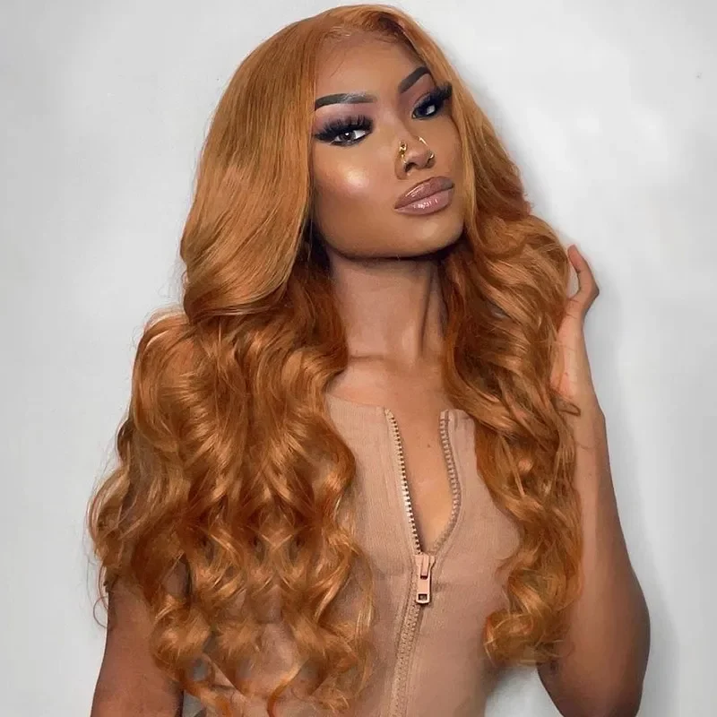 Colored wig with a wavy texture for a beachy and fun lookCranberry Ginger Blonde HD Part Lace Front Human Hair Wigs Body Wave Preplucked Wig