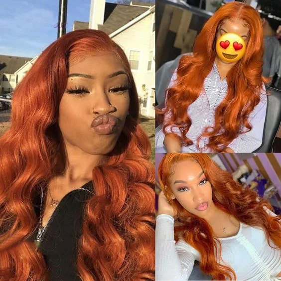 Colored wig with a wavy texture for a beachy and fun lookCranberry Ginger Orange Color 13x4 Lace Front Wigs Pre Plucked Brazilian Body Wave Human Hair Glueless Wigs