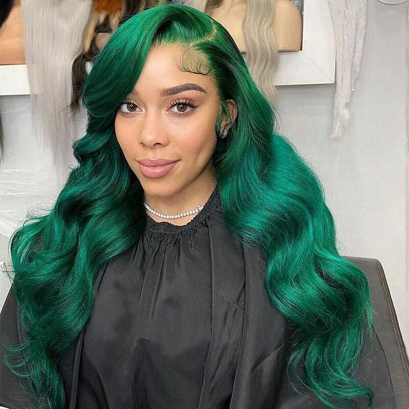 Colored wig with a curly texture for a bold and stylish choiceCranberry Green/Dark Green Colored Human Hair Wigs 13x4 Lace Frontal Wigs Body Wave Transparent Brazilian Lace Wigs