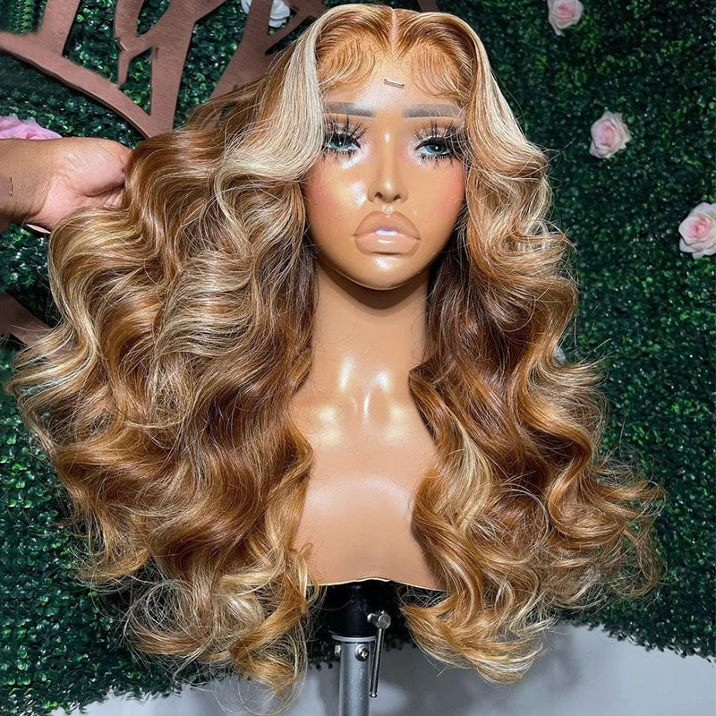 Colored wig in a vibrant pink color for a bold and eye - catching lookCranberry Highlight Brown with Blonde Body Wave Human Hair Wigs 13x4 Lace Frontal Wig Pre Plucked 5x5 Lace Closure Wig