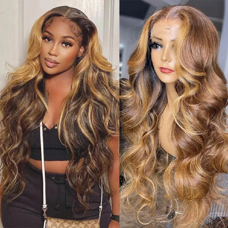 Colored wig with a purple - violet shade for a regal and elegant lookCranberry Honey Blonde Body Wave Pre-Plucked HD 13x4 Lace Frontal Wigs Highlight Wigs Human Hair Wigs