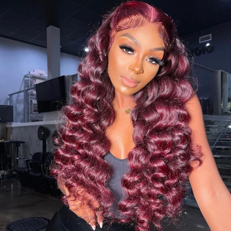 Colored wig with a pre - plucked hairline for a more natural lookCranberry Loose Deep Wave 99J Burgundy Colored Lace Front Wigs For Women