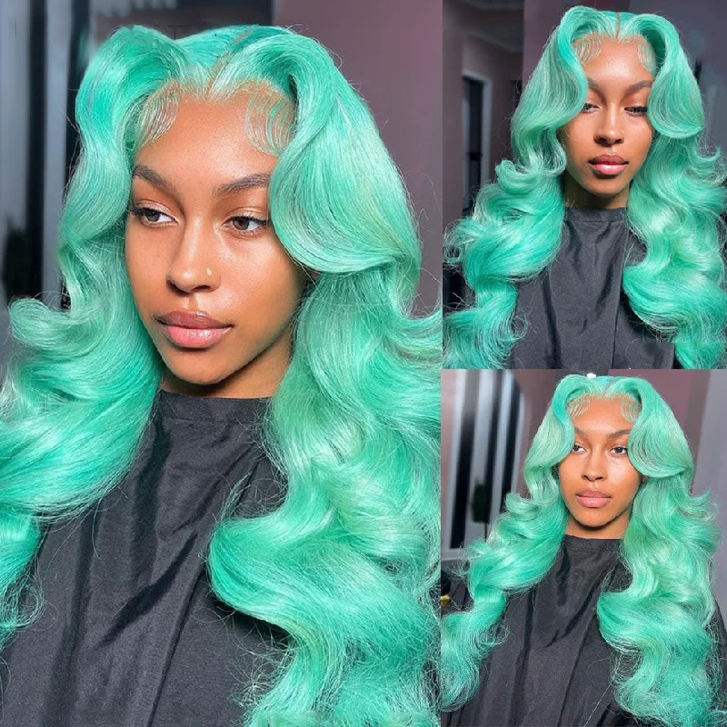 Colored wig with a pre - bleached knot for a natural - looking scalpCranberry Mint Green Colored Human Hair Wigs Body Wave 13x4 HD Lace Frontal Wig 30 Inch Straight Lace Front Wigs For Women Pre Plucked